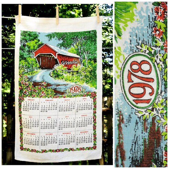 Vintage 1978 Red Covered Bridge in Spring/Summer w/ Flowers Calendar Tea Towel - Picture 8 of 8